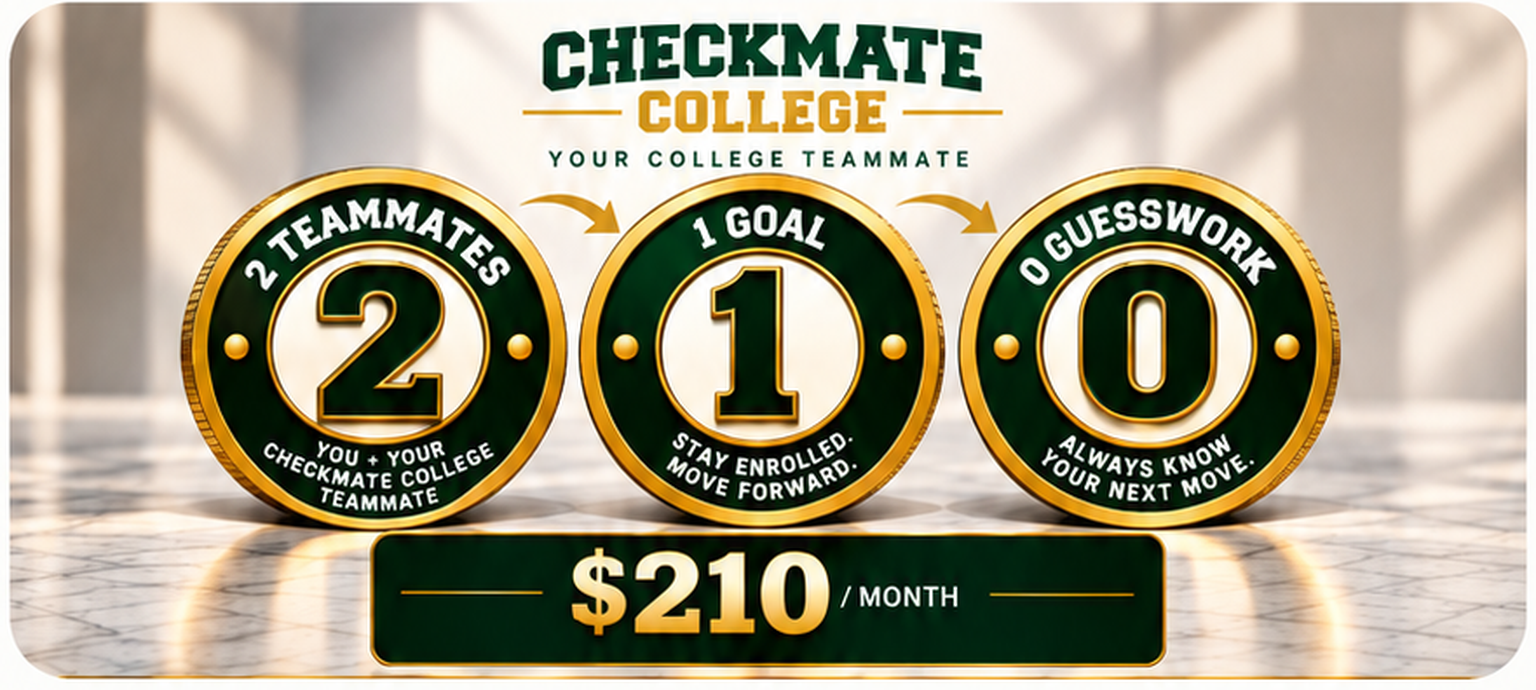 Checkmate College membership graphic showing 2 teammates, 1 goal, 0 guesswork, and $210 per month.